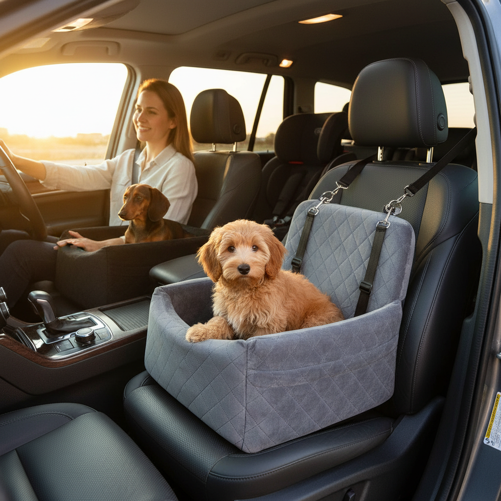 Hundeautositz mit Frau im Auto.png